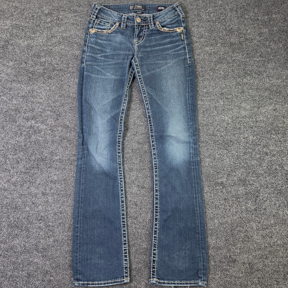 Silver Aiko Mid Slim Boot Jeans Women's 26 L33 Dark Wash Flap Pocket Fluid Denim